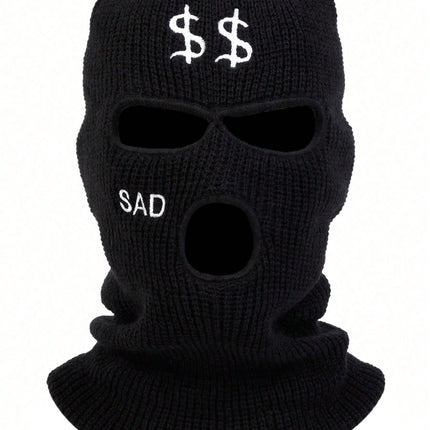 Men's Knitted Hat With Letter Embroidery, Balaclava, Outdoor Casual Cap For Spring Autumn Travel, Windproof And Warm