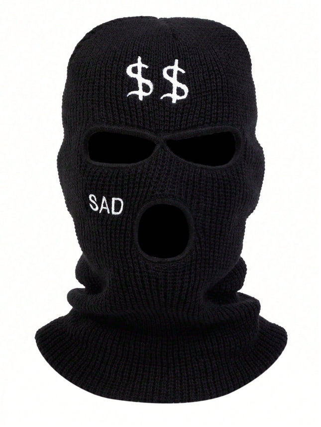 Men's Knitted Hat With Letter Embroidery, Balaclava, Outdoor Casual Cap For Spring Autumn Travel, Windproof And Warm