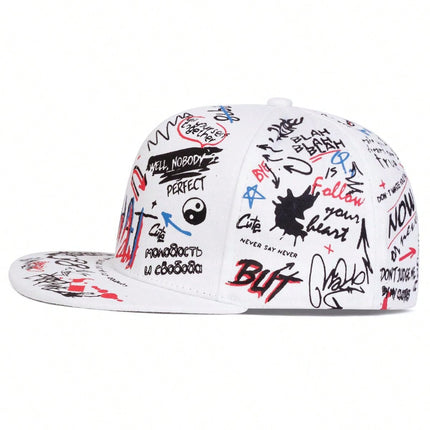 Men's Graffiti Print What Snapback Hat, Adjustable Brim Sports Cap For Outdoor, Travel, Beach, Party In Spring And Autumn