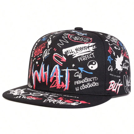 Men's Graffiti Print What Snapback Hat, Adjustable Brim Sports Cap For Outdoor, Travel, Beach, Party In Spring And Autumn