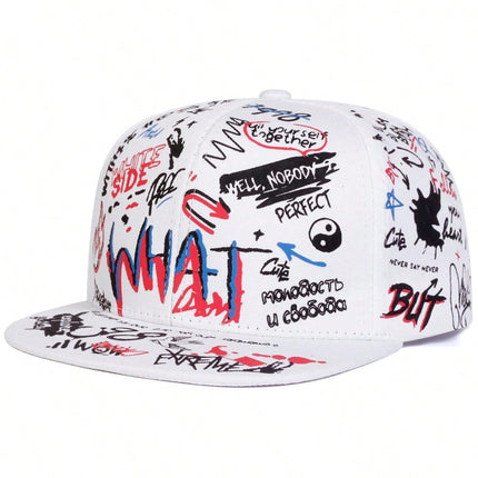 Men's Graffiti Print What Snapback Hat, Adjustable Brim Sports Cap For Outdoor, Travel, Beach, Party In Spring And Autumn