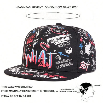 Men's Graffiti Print What Snapback Hat, Adjustable Brim Sports Cap For Outdoor, Travel, Beach, Party In Spring And Autumn