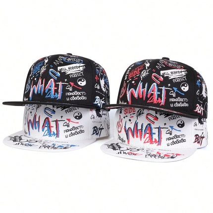 Men's Graffiti Print What Snapback Hat, Adjustable Brim Sports Cap For Outdoor, Travel, Beach, Party In Spring And Autumn