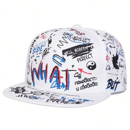 Men's Graffiti Print What Snapback Hat, Adjustable Brim Sports Cap For Outdoor, Travel, Beach, Party In Spring And Autumn