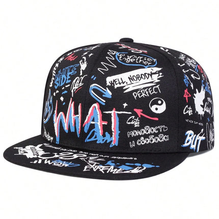 Men's Graffiti Print What Snapback Hat, Adjustable Brim Sports Cap For Outdoor, Travel, Beach, Party In Spring And Autumn