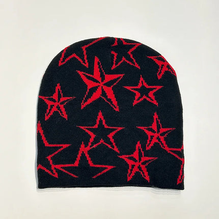 Autumn and Winter Star Pentagram Knitted Hat Vintage Men's and Women's Woolen Hip Hop Print Beanie Hat Outdoor Sports Warm Cap