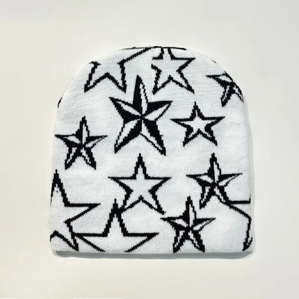 Autumn and Winter Star Pentagram Knitted Hat Vintage Men's and Women's Woolen Hip Hop Print Beanie Hat Outdoor Sports Warm Cap