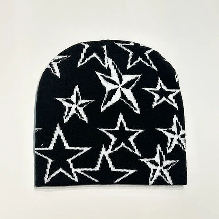 Autumn and Winter Star Pentagram Knitted Hat Vintage Men's and Women's Woolen Hip Hop Print Beanie Hat Outdoor Sports Warm Cap