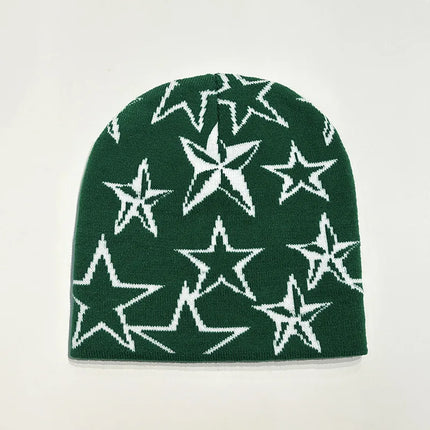 Autumn and Winter Star Pentagram Knitted Hat Vintage Men's and Women's Woolen Hip Hop Print Beanie Hat Outdoor Sports Warm Cap